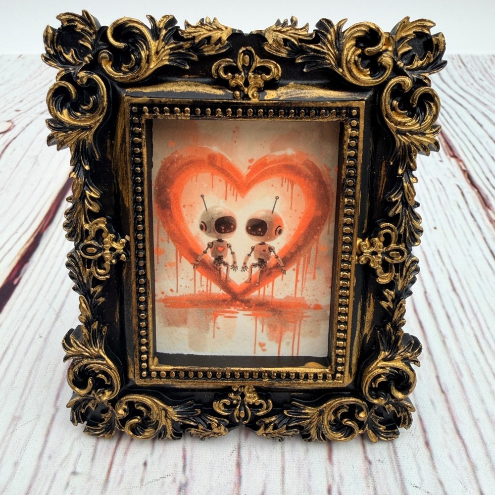 Robot Love‎ Art Print Small Ornate Black Gold Resin Frame Decoupage 3.5in